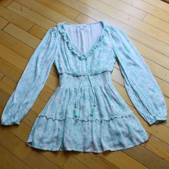 House of Harlow 1960 Paisley Metallic Mini Tiered Dress Teal Size S - Picture 1 of 13